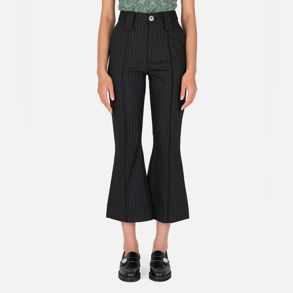 GANNI Suit Pants Pinstripe Black Beige Cropped Bootcut Flare Size 36 S/4
